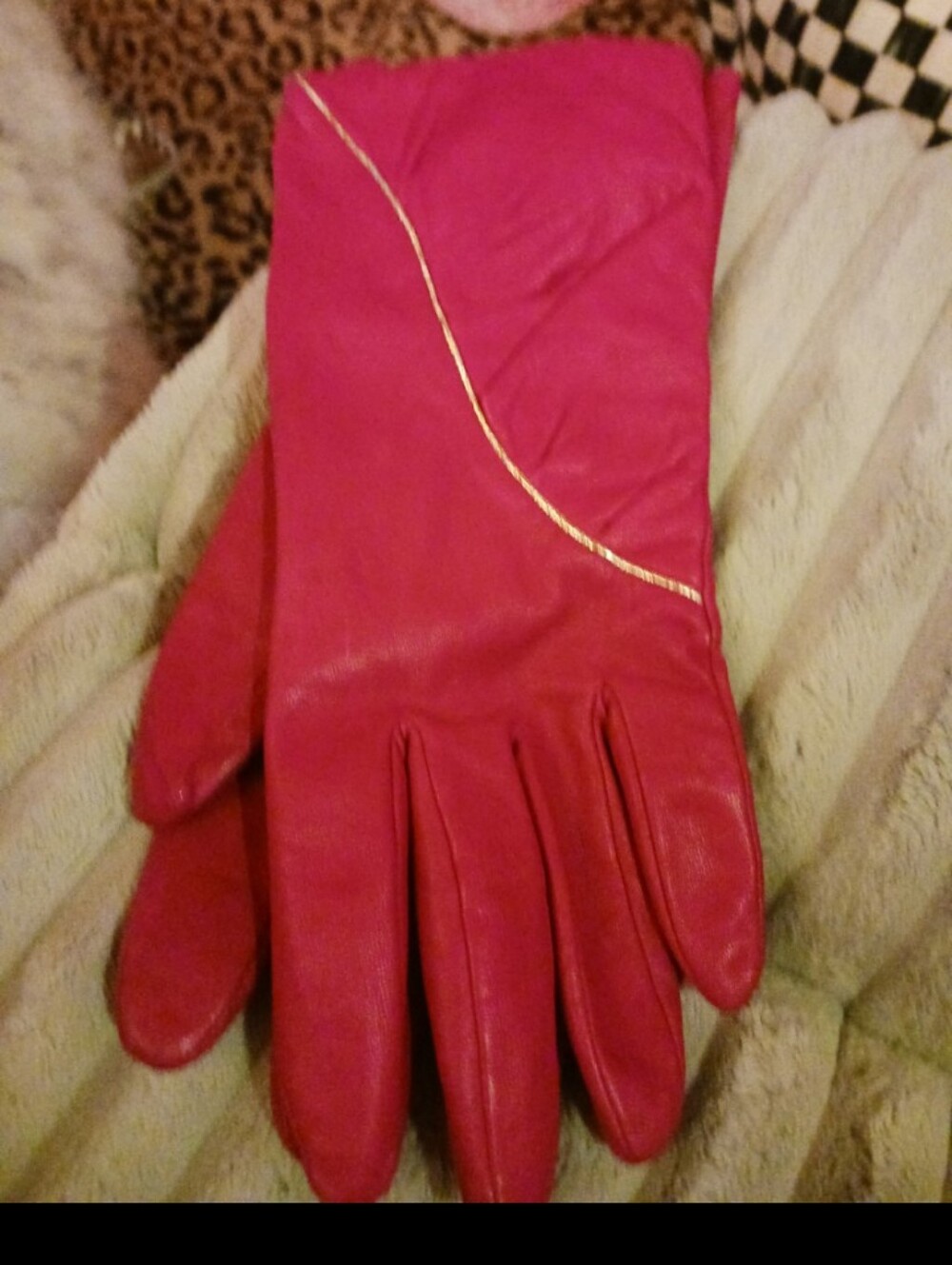 Women's Fushia Leather Gloves with Gold Trim